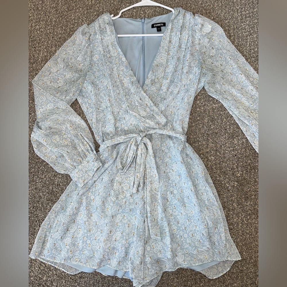 Express Light Blue Floral Long Sleeve Wrap Dress